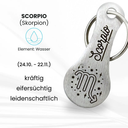 Sternzeichen Skorpion Einkaufswagenlöser mit Gravur – kräftig, eifersüchtig, leidenschaftlich – perfektes Geschenk für Skorpione.