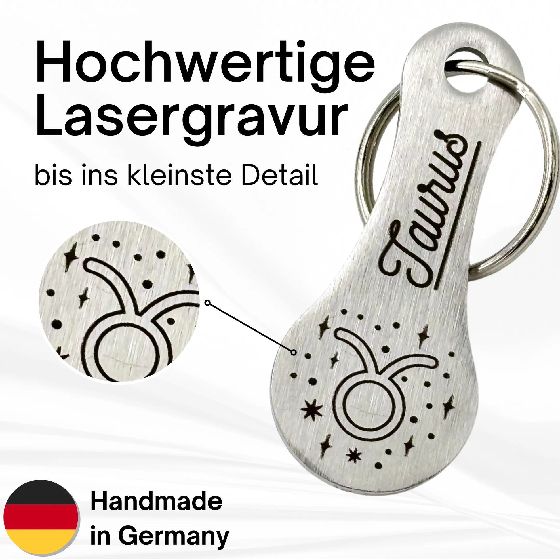 Detailaufnahme der hochwertigen Lasergravur des Sternzeichen Taurus Symbols auf Edelstahl Einkaufswagenlöser – Handmade in Germany