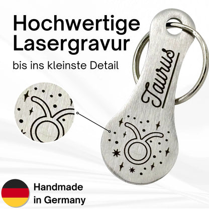 Detailaufnahme der hochwertigen Lasergravur des Sternzeichen Taurus Symbols auf Edelstahl Einkaufswagenlöser – Handmade in Germany