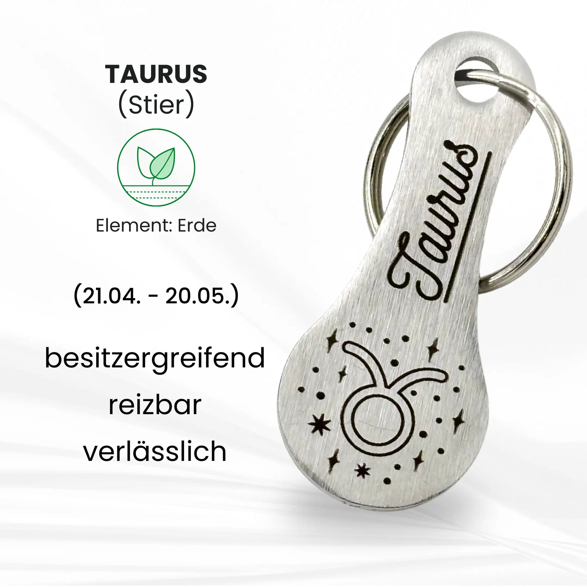 Edelstahl Einkaufswagenlöser mit Sternzeichen Taurus – Stier Gravur, Element Erde, Eigenschaften: besitzergreifend, reizbar, verlässlich