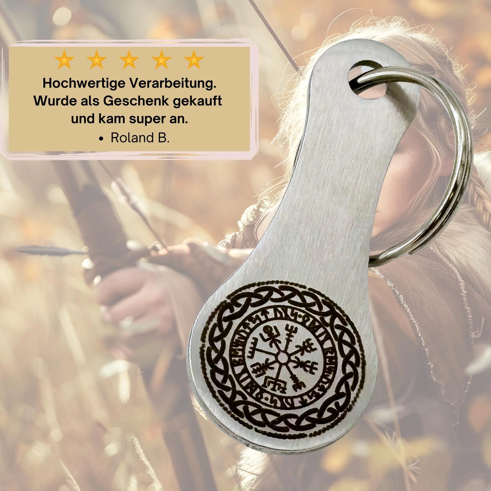 Einkaufswagenlöser mit Wikinger-Kompass Design – Kundenmeinung lobt hochwertige Verarbeitung und Geschenk-Tauglichkeit