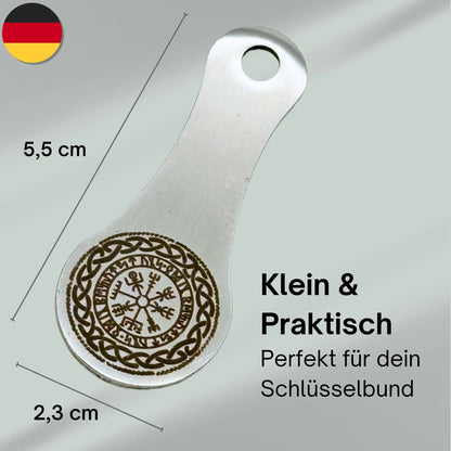 Kompakter Einkaufswagenlöser mit Wikinger-Kompass Gravur – Maße 5,5 x 2,3 cm, ideal für den Schlüsselbund
