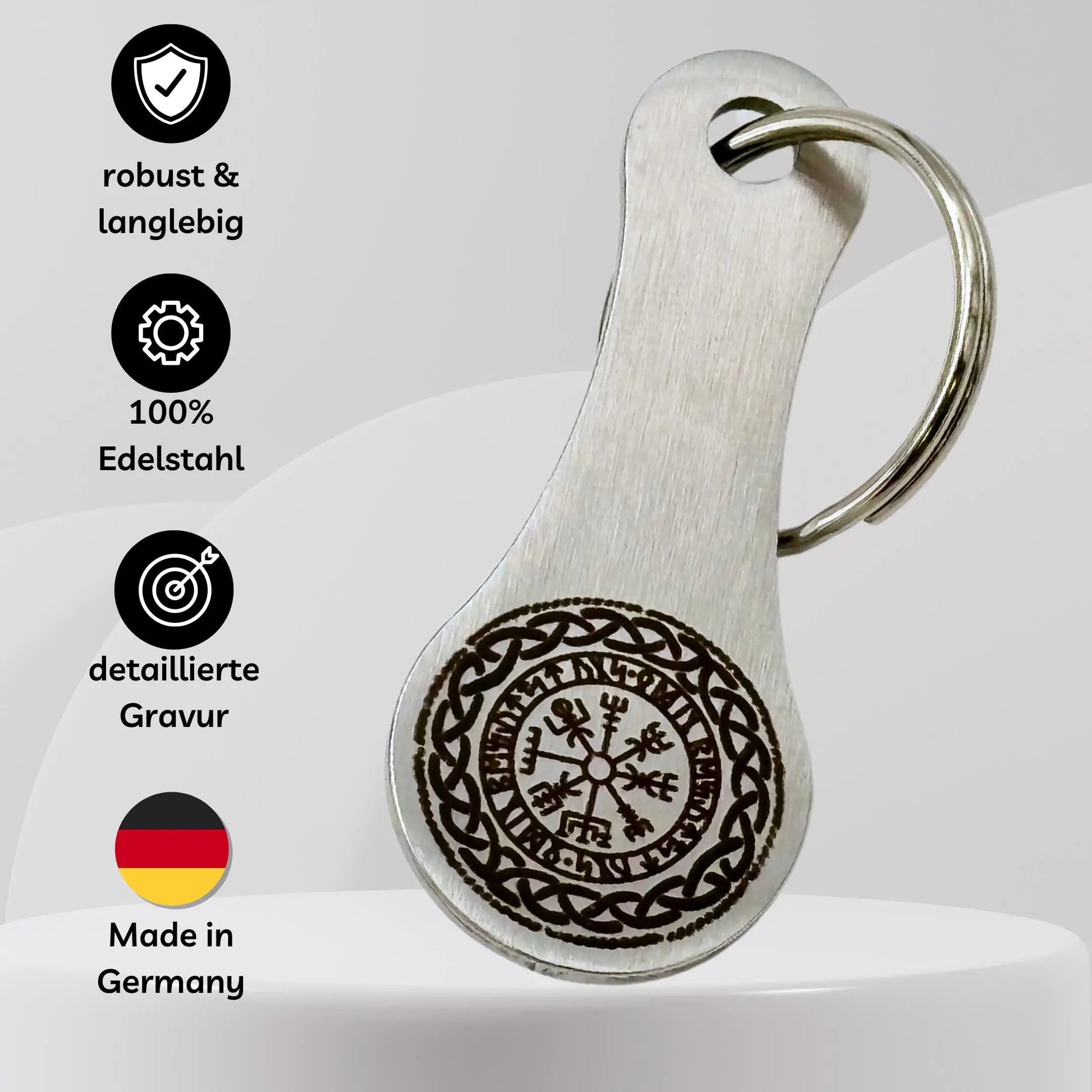 Robuster Einkaufswagenlöser aus Edelstahl mit detaillierter Wikinger-Kompass Gravur – hergestellt in Deutschland