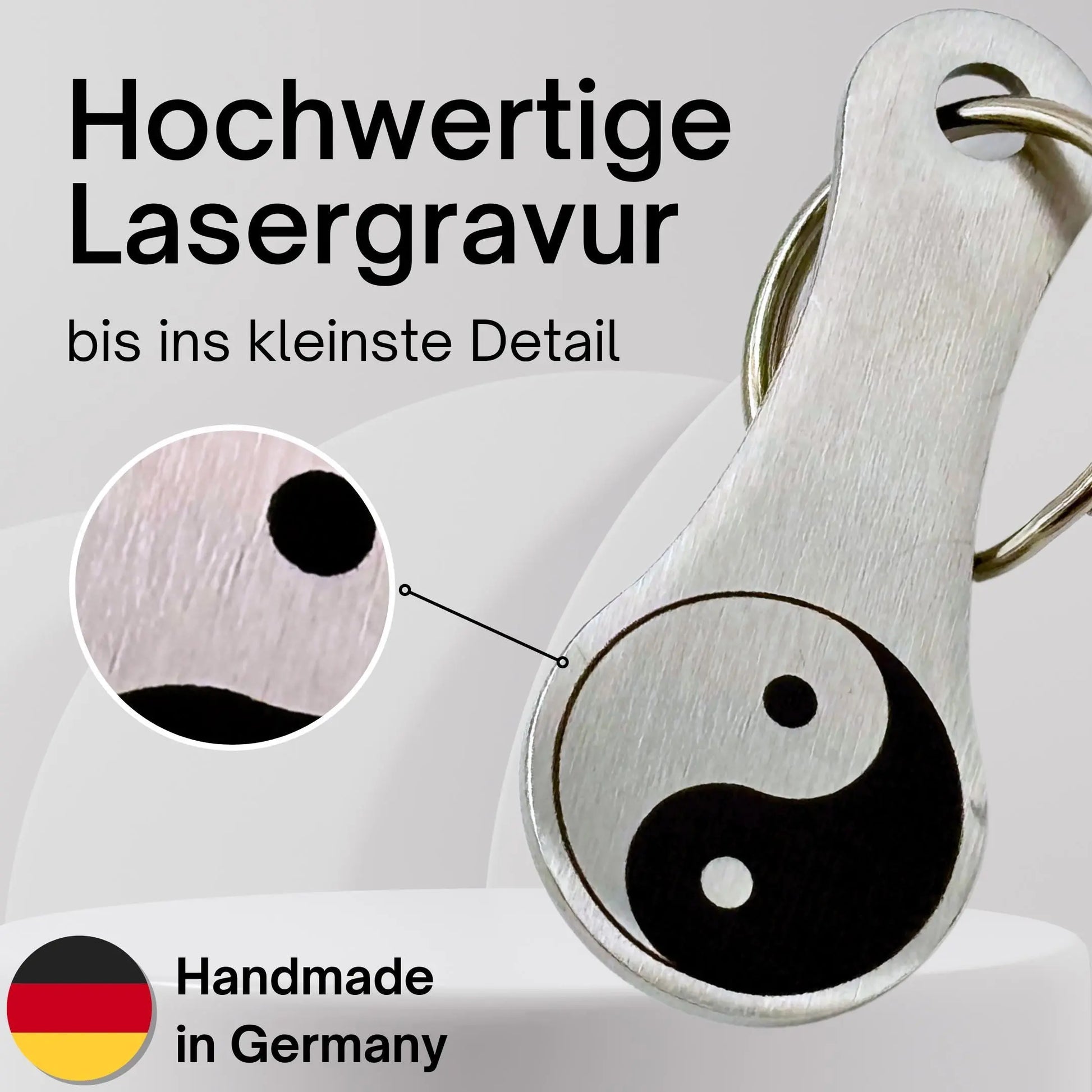 Yin-Yang Schlüsselanhänger mit hochwertiger Lasergravur – feinste Details auf Edelstahl, handmade in Germany.