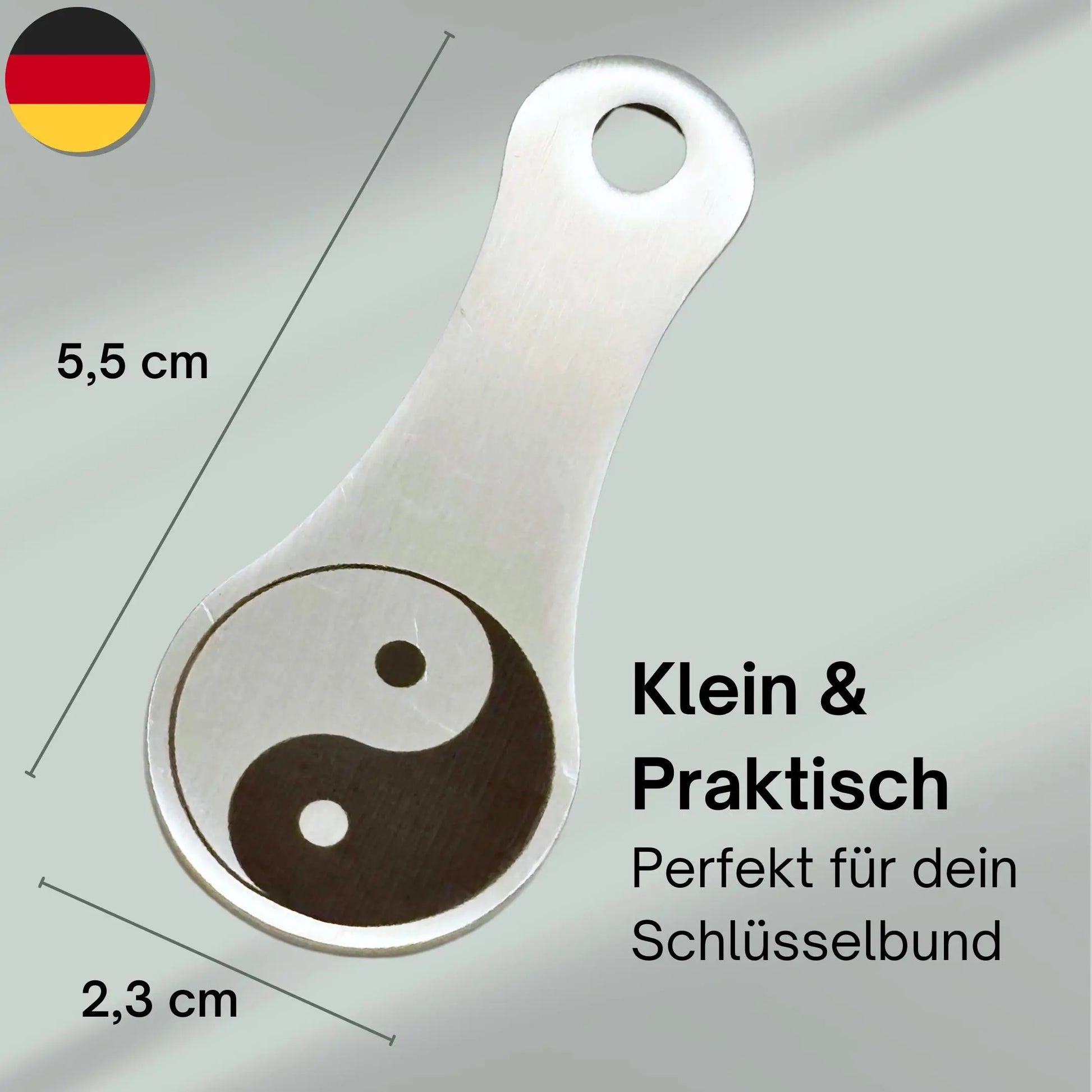 Kleiner und praktischer Yin-Yang Schlüsselanhänger aus Edelstahl – 5,5 cm x 2,3 cm, perfekt für den Schlüsselbund.
