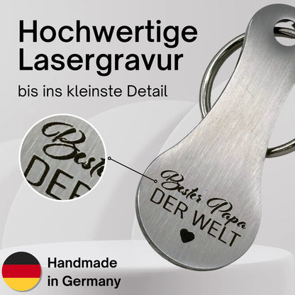 Detailansicht hochwertige Lasergravur auf Edelstahl Schlüsselanhänger "Bester Papa der Welt" – handgefertigt in Deutschland