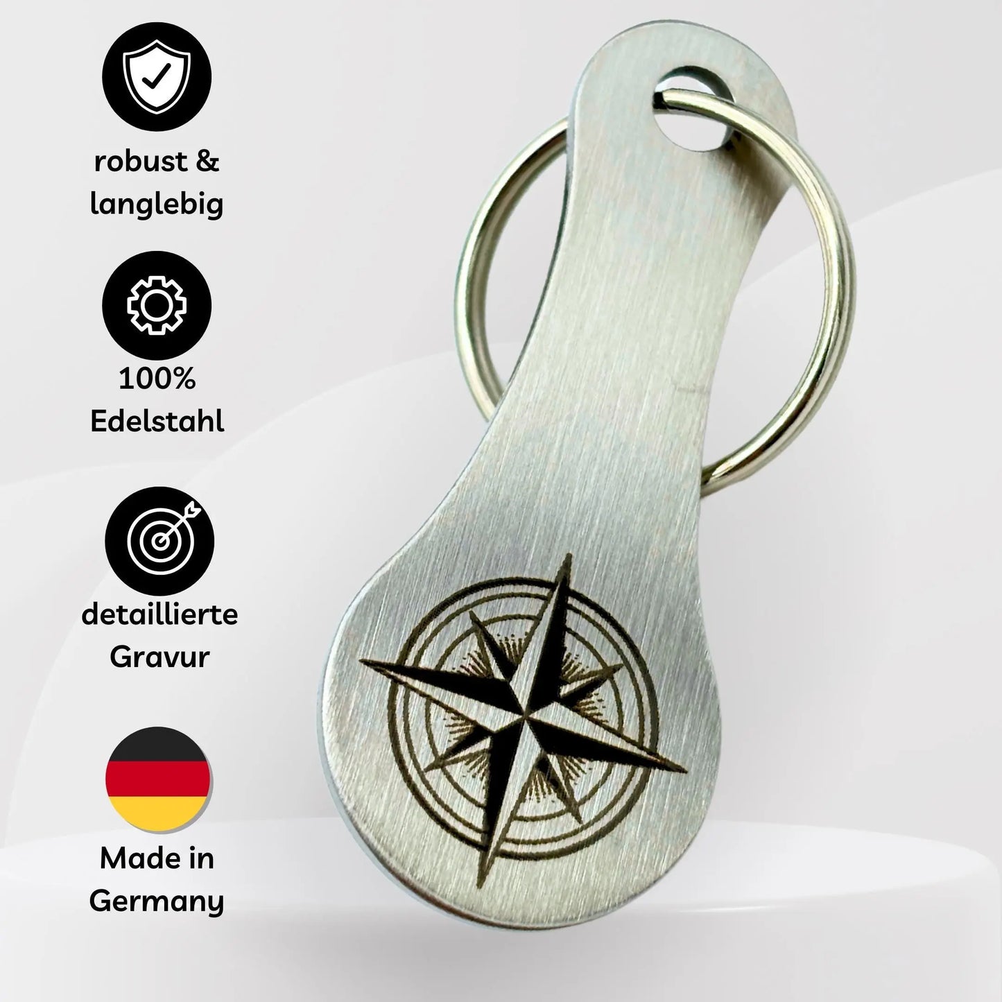 Robuster Einkaufswagenchip aus Edelstahl mit detaillierter Kompass-Gravur – langlebig, 100% Edelstahl, Made in Germany.