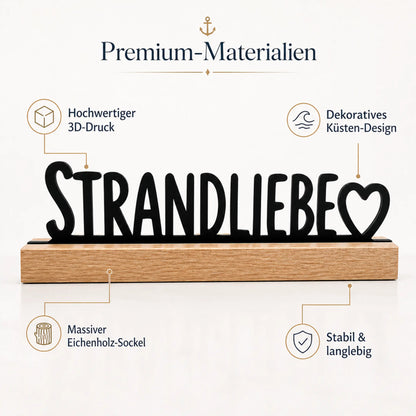 Massiver Eichenholzsockel mit schwarzem 3D Druck Motiv Strandliebe
