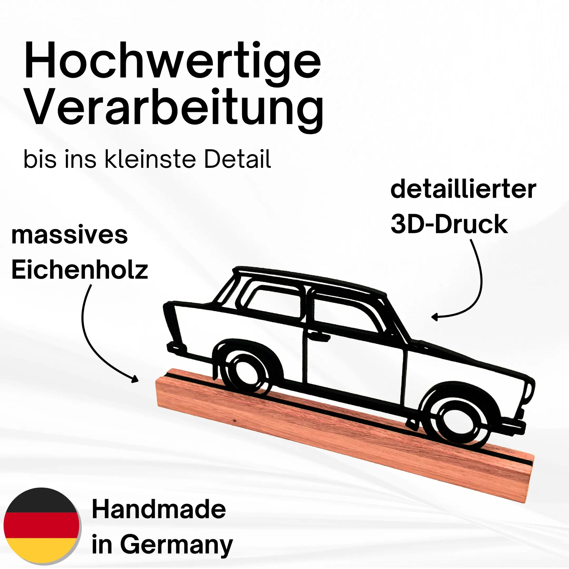 Detailansicht Trabant Holzaufsteller mit Text – Eichenholz und 3D-Druck erklärt