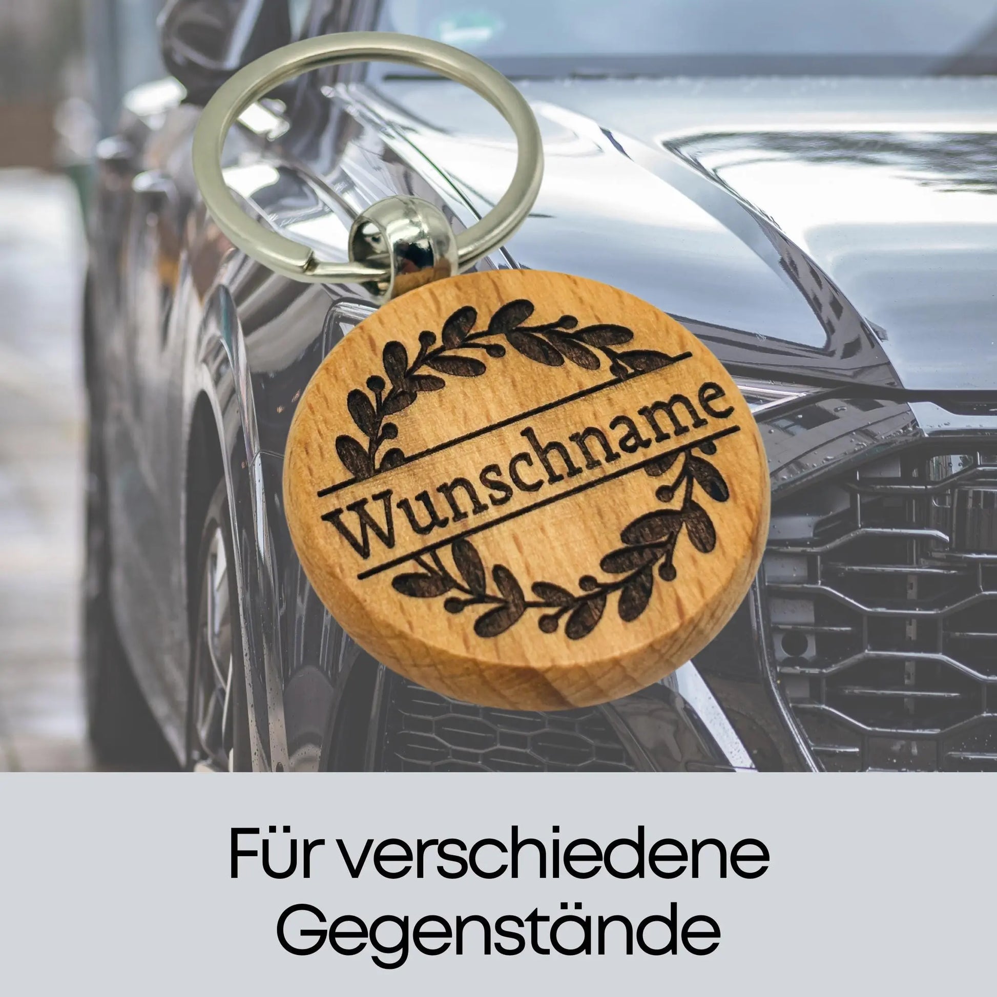 Individueller Schlüsselanhänger Holz rund mit Gravur fürs Auto