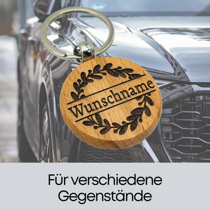 Individueller Schlüsselanhänger Holz rund mit Gravur fürs Auto