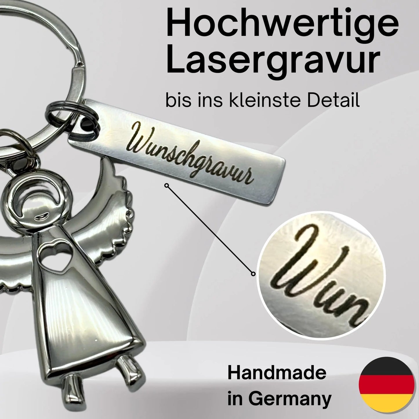 Personalisierter Schlüsselanhänger Engel mit Gravurplatte