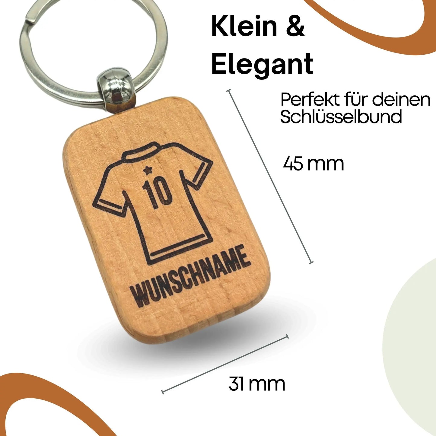 Maße des personalisierten Holz-Schlüsselanhängers in Trikotform – 45 x 31 mm