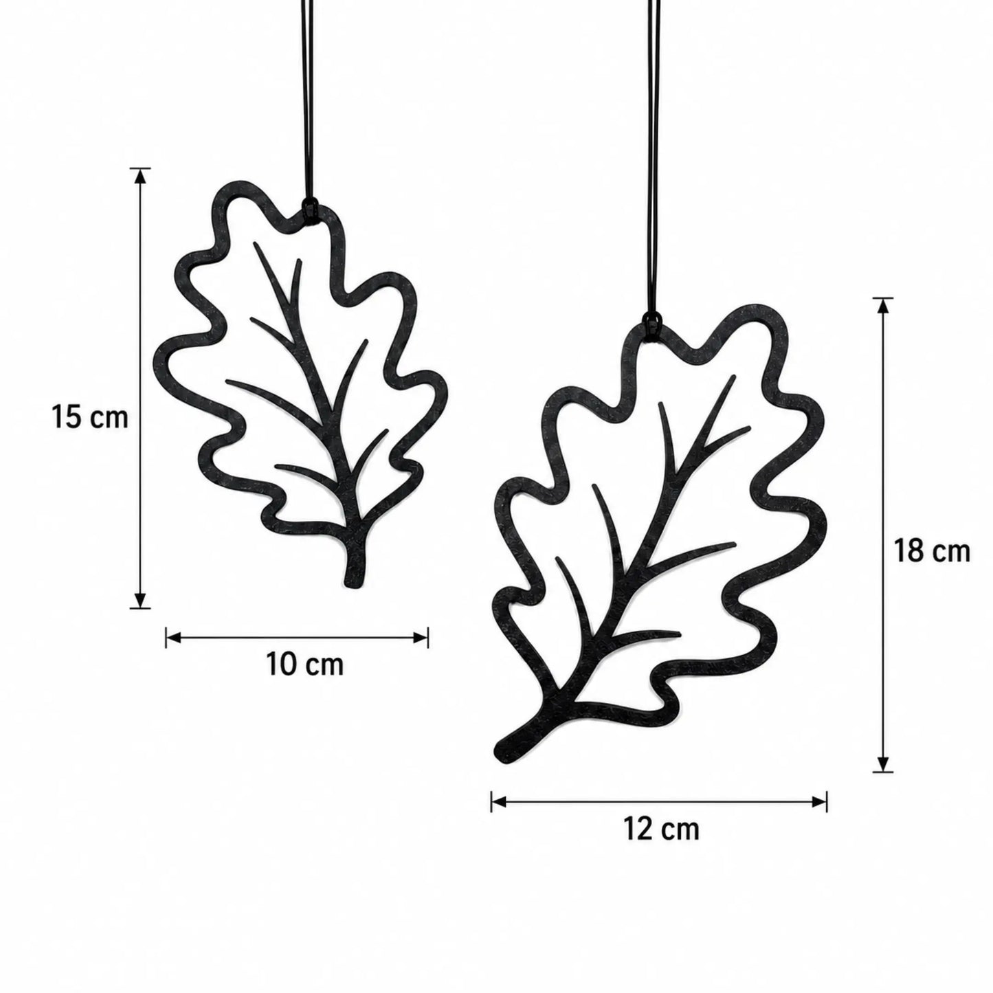 Eichenblatt Deko Anhänger schwarz mit Maßangaben als moderne Herbstdeko für Fenster und Wand