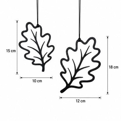Eichenblatt Deko Anhänger schwarz mit Maßangaben als moderne Herbstdeko für Fenster und Wand