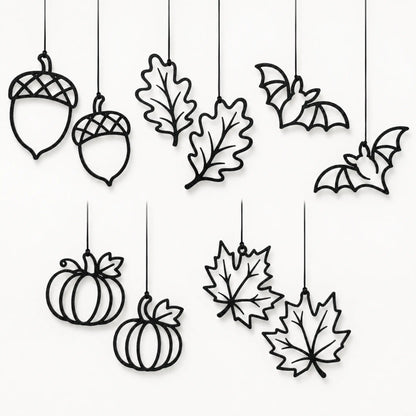 Schwarze Herbst Fensterdeko zum Aufhängen mit Eichel Blatt Fledermaus Kürbis und Ahornblatt Motiven