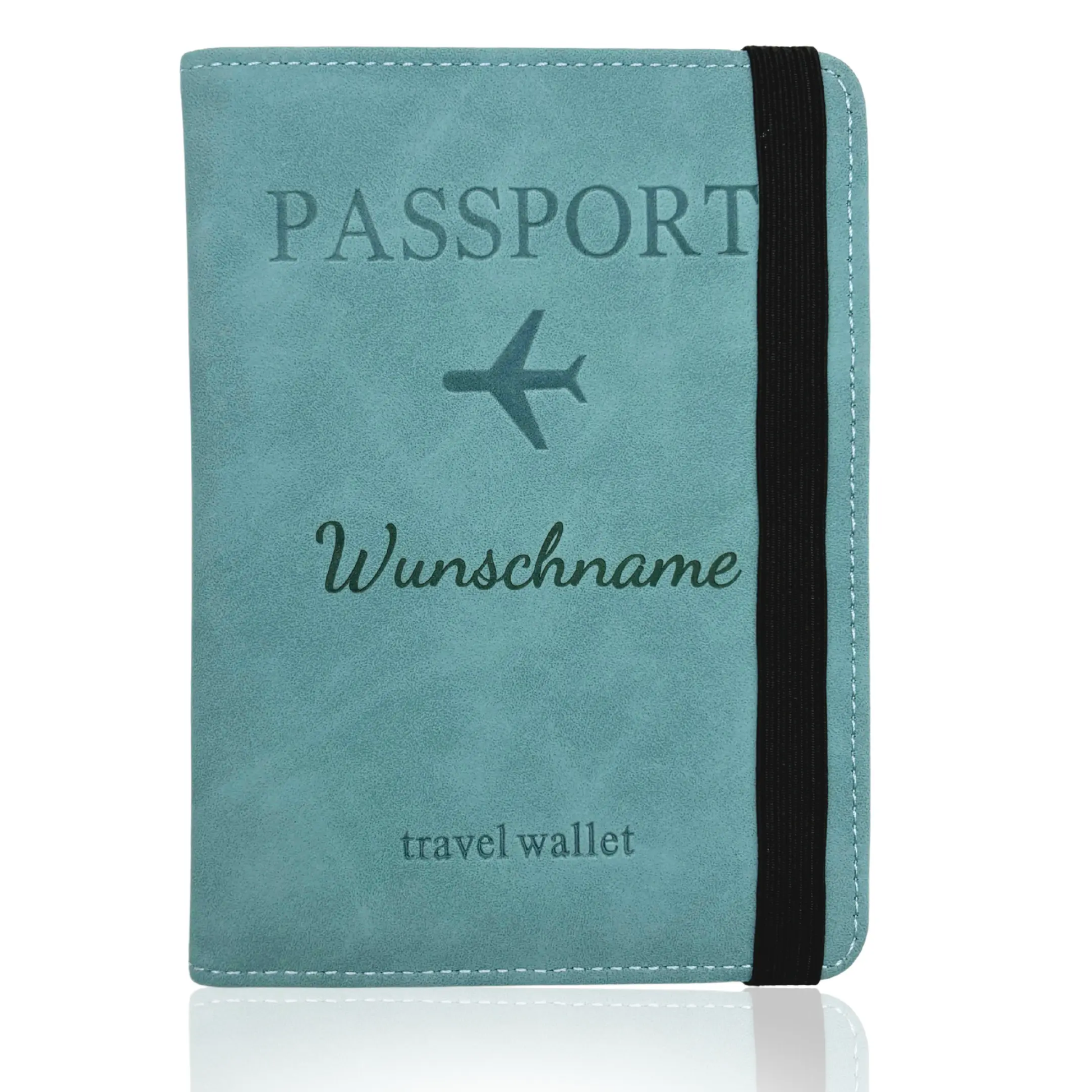 Personalisierte Reisepasshülle aus blauem PU-Leder mit Wunschname und RFID-Schutz