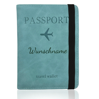 Personalisierte Reisepasshülle aus blauem PU-Leder mit Wunschname und RFID-Schutz