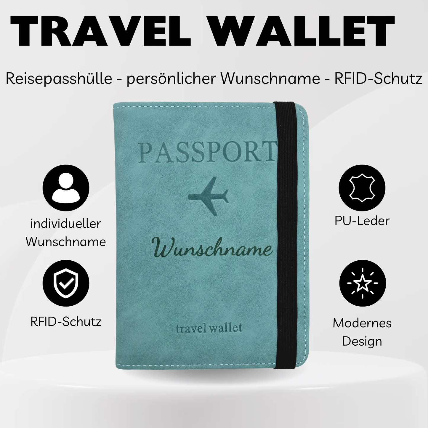 Vorderansicht der gravierten Reisepasshülle Travel Wallet in Blau