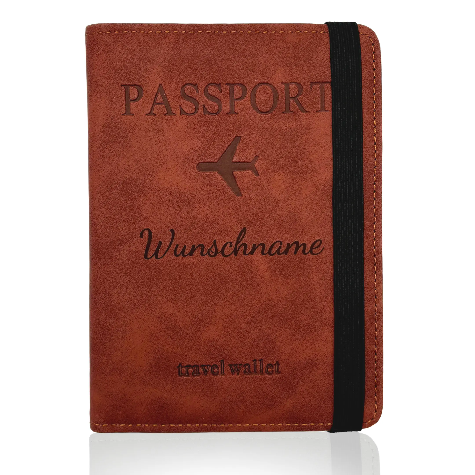 Personalisierte Reisepasshülle aus braunem PU-Leder mit Wunschname und RFID-Schutz