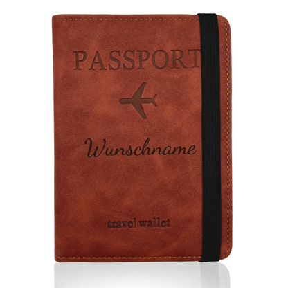 Personalisierte Reisepasshülle aus braunem PU-Leder mit Wunschname und RFID-Schutz