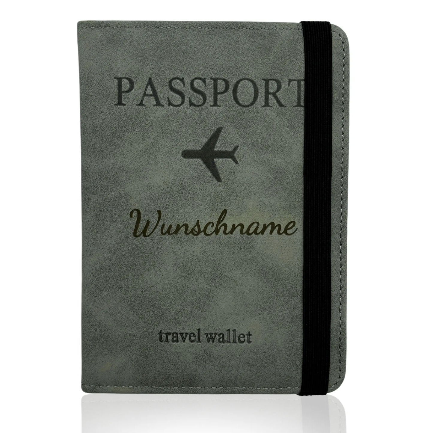 Personalisierte Reisepasshülle aus grauem PU-Leder mit Wunschname und RFID-Schutz