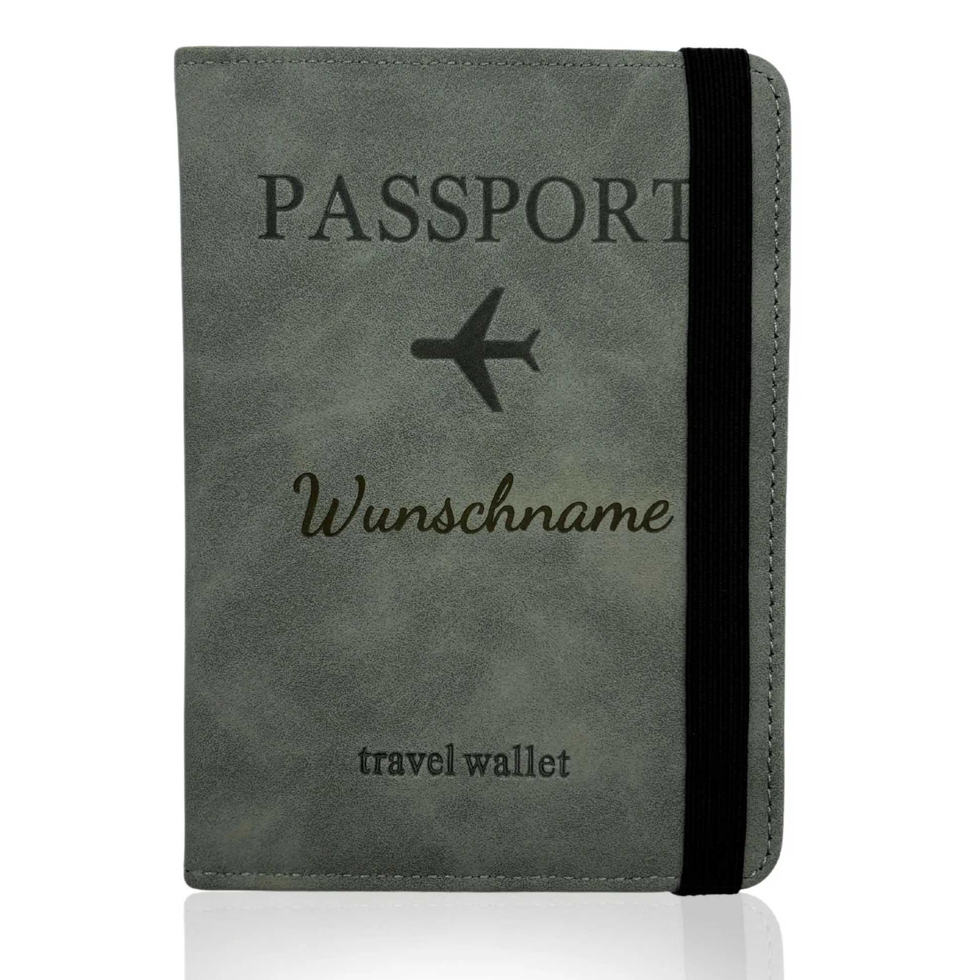 Personalisierte Reisepasshülle aus grauem PU-Leder mit Wunschname und RFID-Schutz