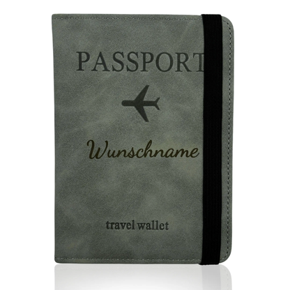 Personalisierte Reisepasshülle aus grauem PU-Leder mit Wunschname und RFID-Schutz