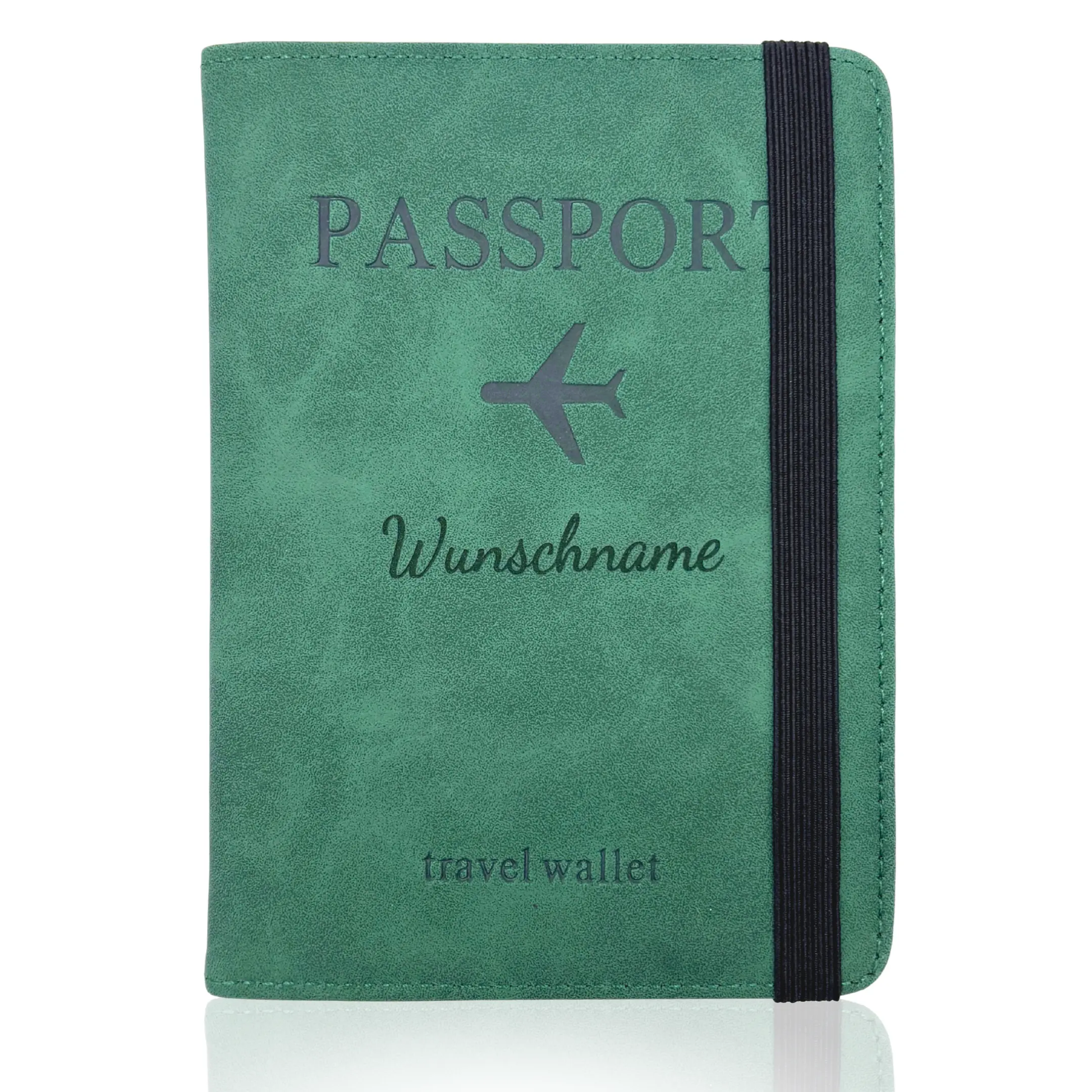 Personalisierte Reisepasshülle aus grünem PU-Leder mit Wunschname und RFID-Schutz