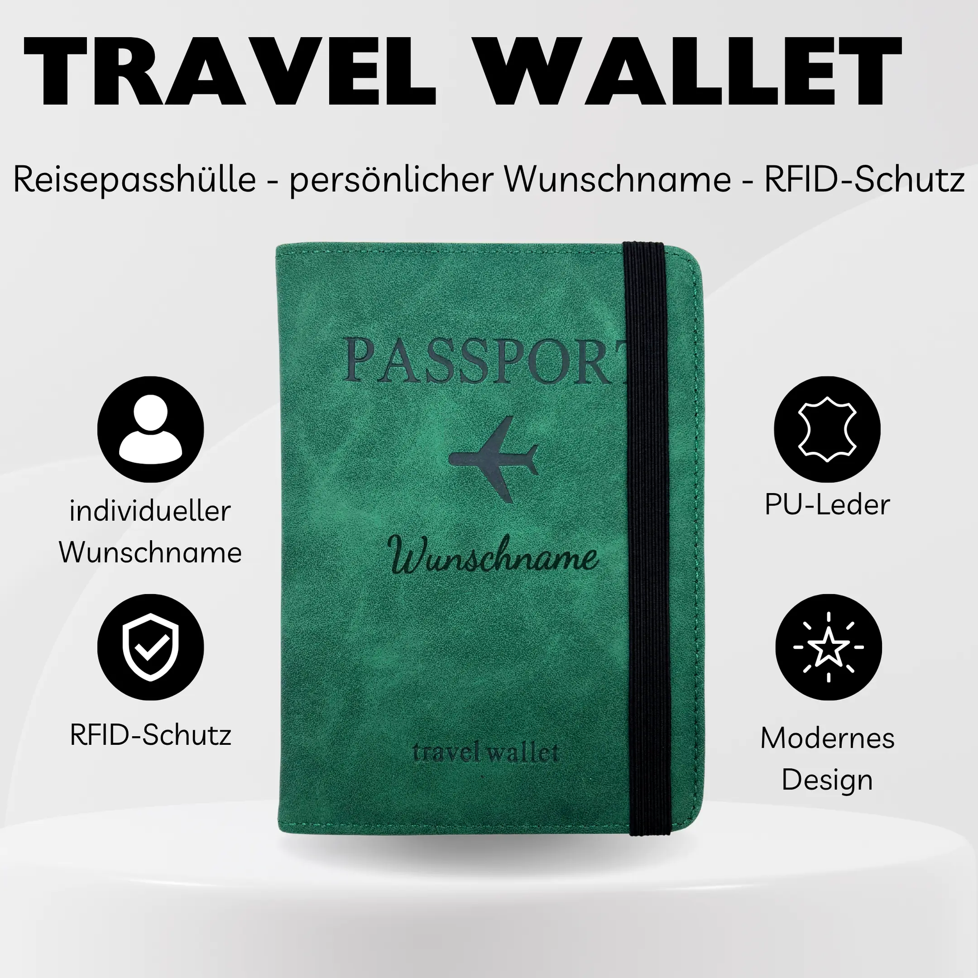 Vorderansicht der gravierten Reisepasshülle Travel Wallet in Grün
