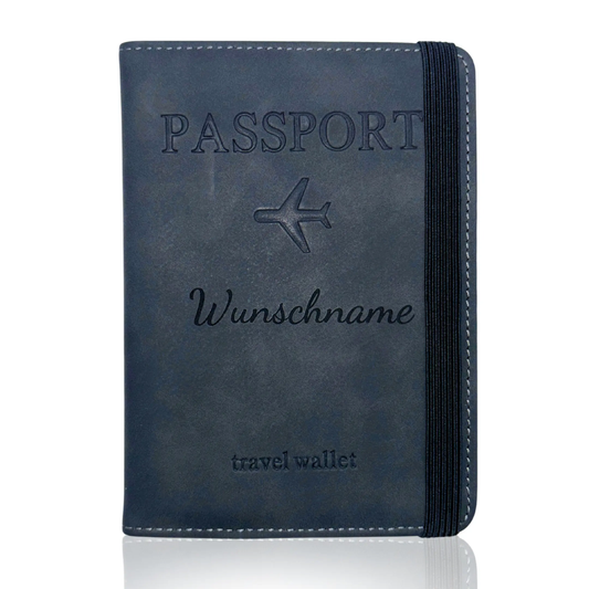 Personalisierte Reisepasshülle aus schwarzem PU-Leder mit Wunschname und RFID-Schutz