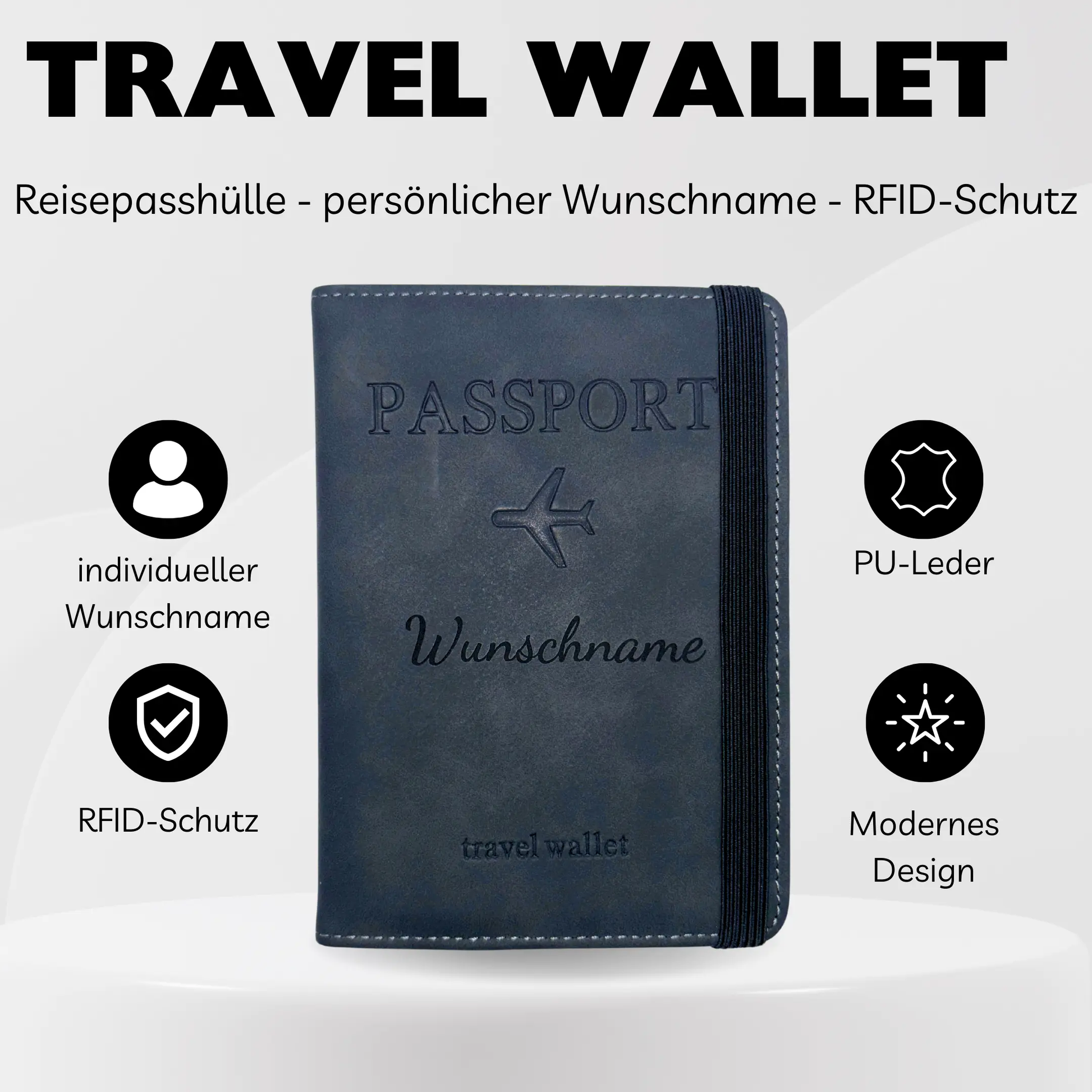 Vorderansicht der gravierten Reisepasshülle Travel Wallet in Schwarz